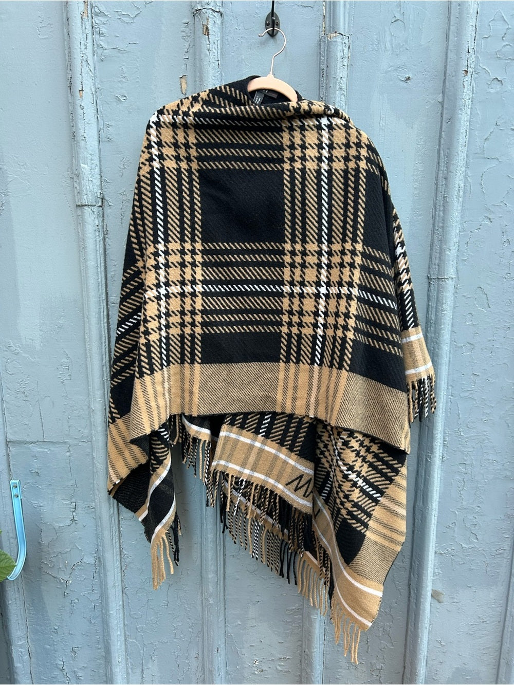 Marc Cain Black Brown Plaid Wrap Poncho, One Size