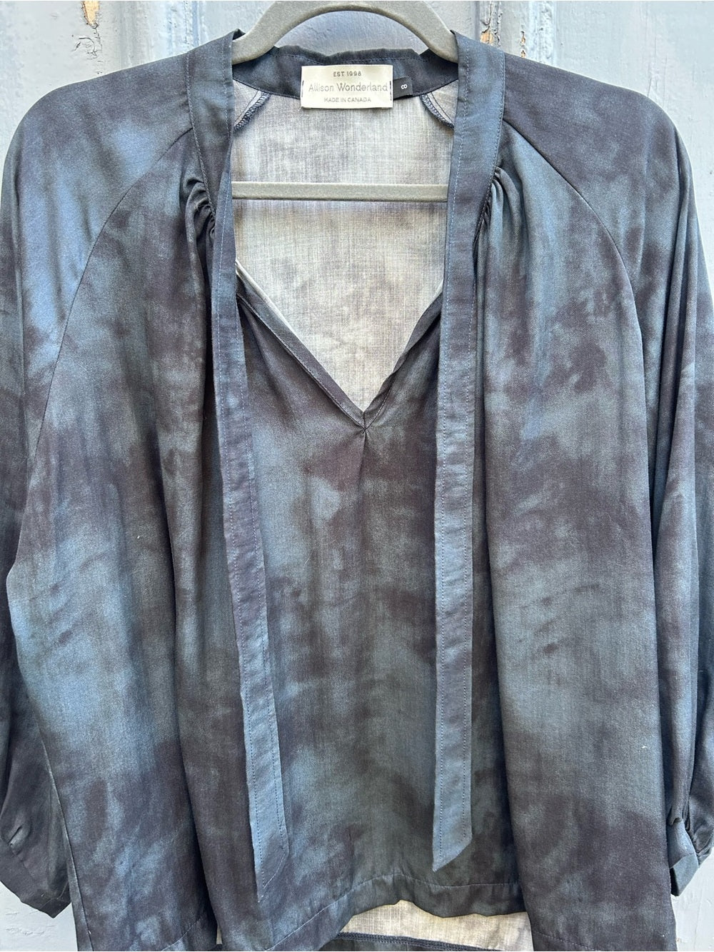 Allison Wonderland Blue Tie front Blouse, size 8
