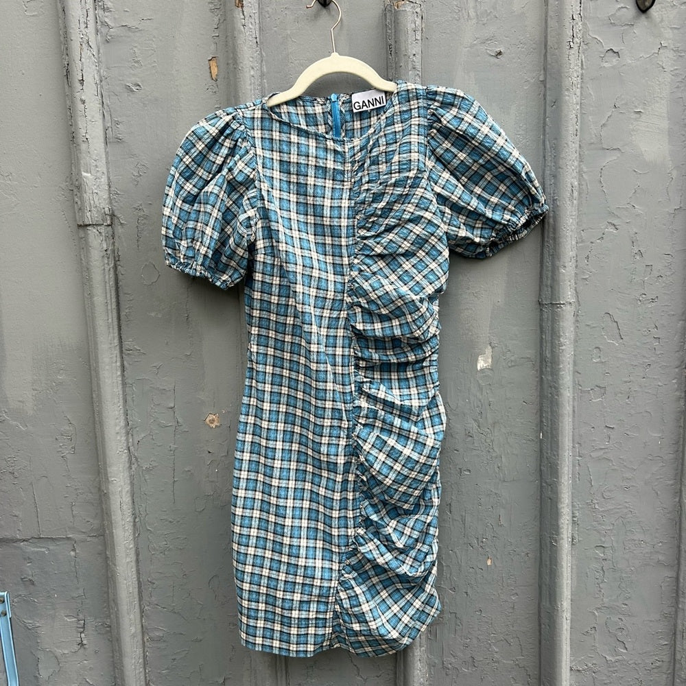 GANNI Gathered checked seersucker mini dress, size 34 (XS)