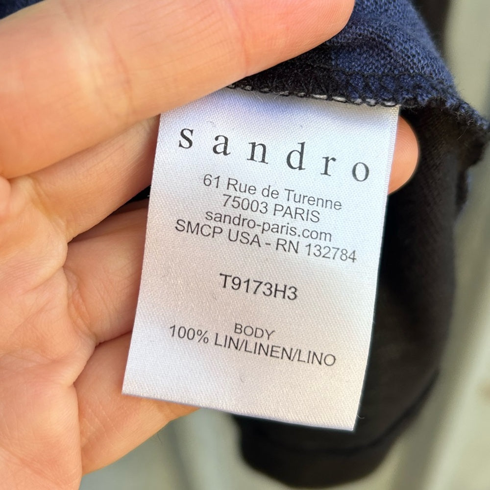 Sandro Blue Black Striped linen top with zipper, size “3” (M)