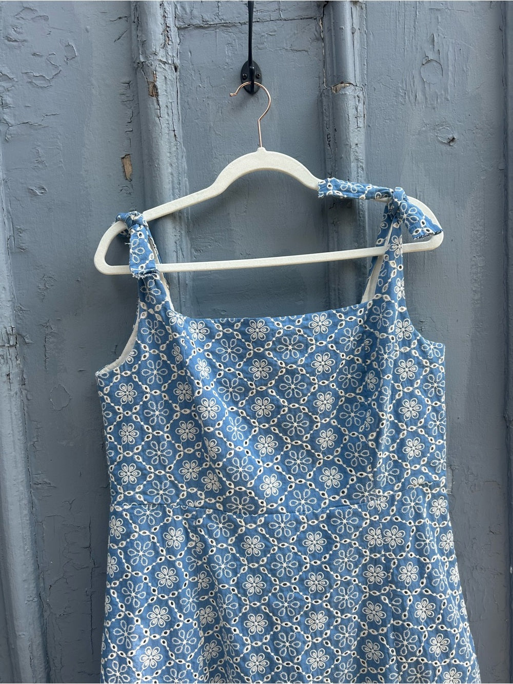 Sezane Dorotha Dress, Chambray Blue with Broderie Anglaise, size 46 (US 14)