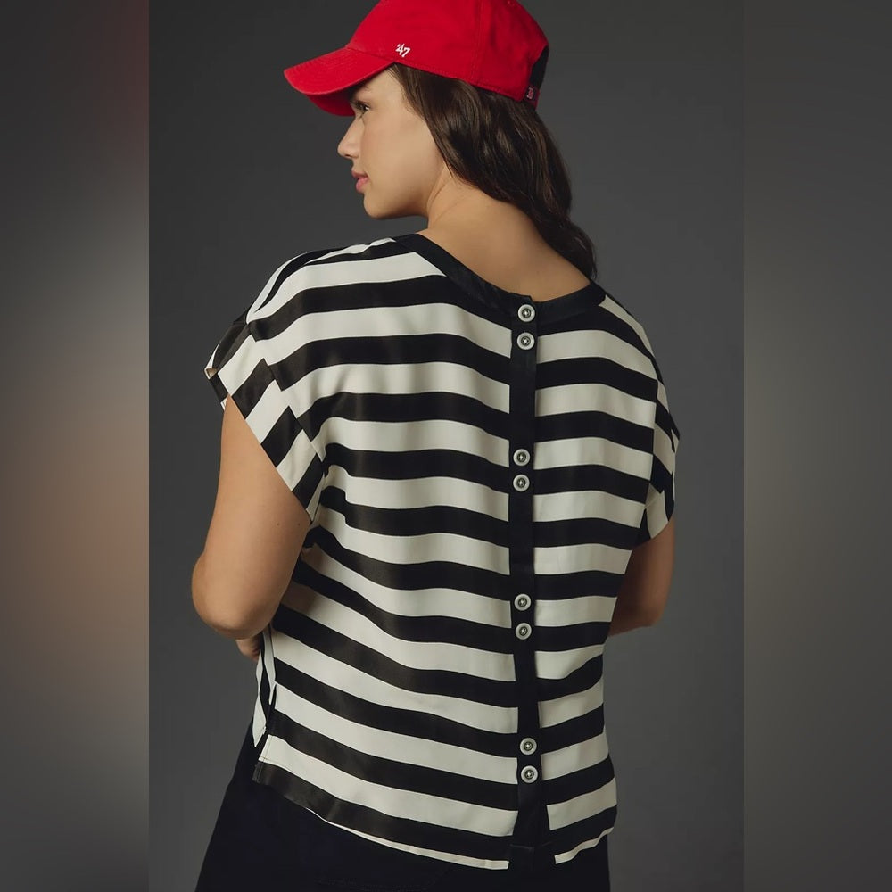 Maeve Black & White Batwing Button-Back Tee, size Large