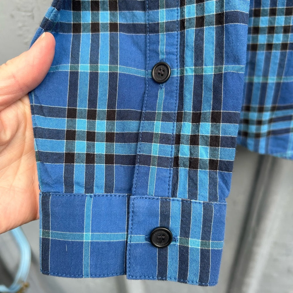 Burberry Blue Plaid Check Button Down Shirt, size Small