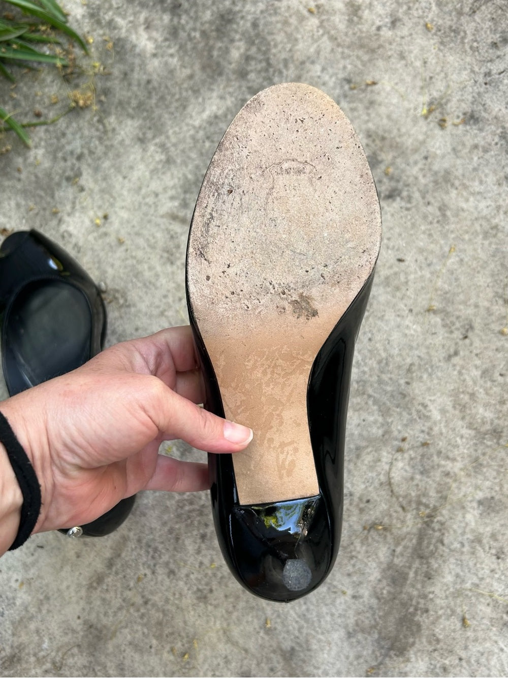 Stuart Weitzman Black Patent LogoPolly peep toe heels, size 10