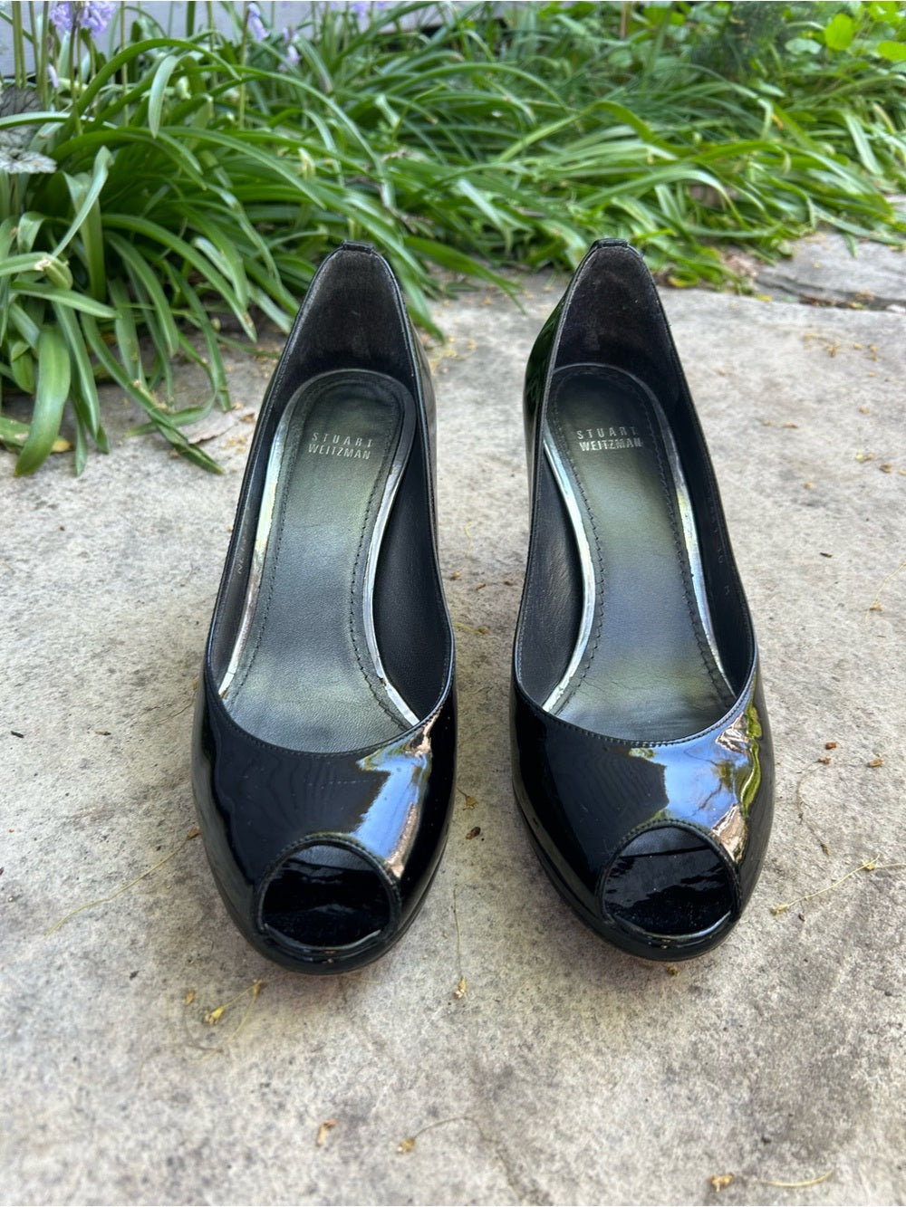 Stuart Weitzman Black Patent LogoPolly peep toe heels, size 10