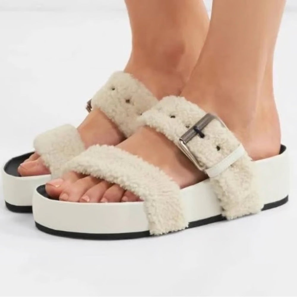 rag & bone Fluffy Shearling Evin Slide Platforms, size 38