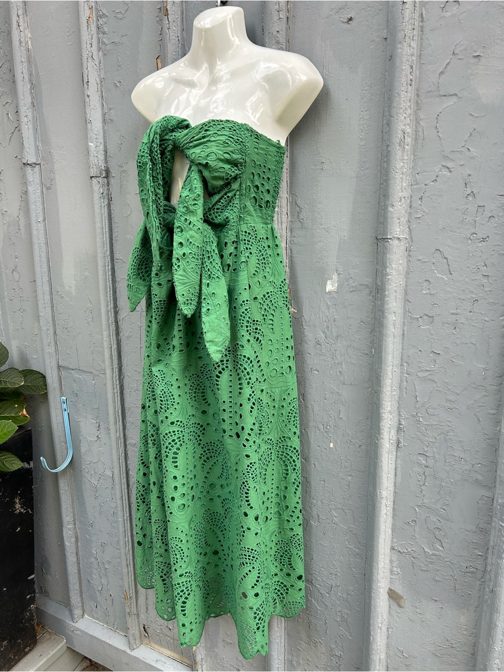 Farm Rio Green Coconut Tree Richilieu Cutwork Strapless Midi Dress, Medium