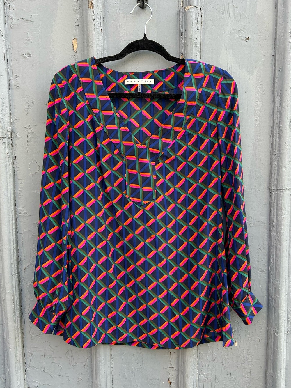 Trina Turk Alisha Geometric Print Silk Blouse, size M