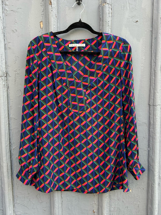 Trina Turk Alisha Geometric Print Silk Blouse, size M