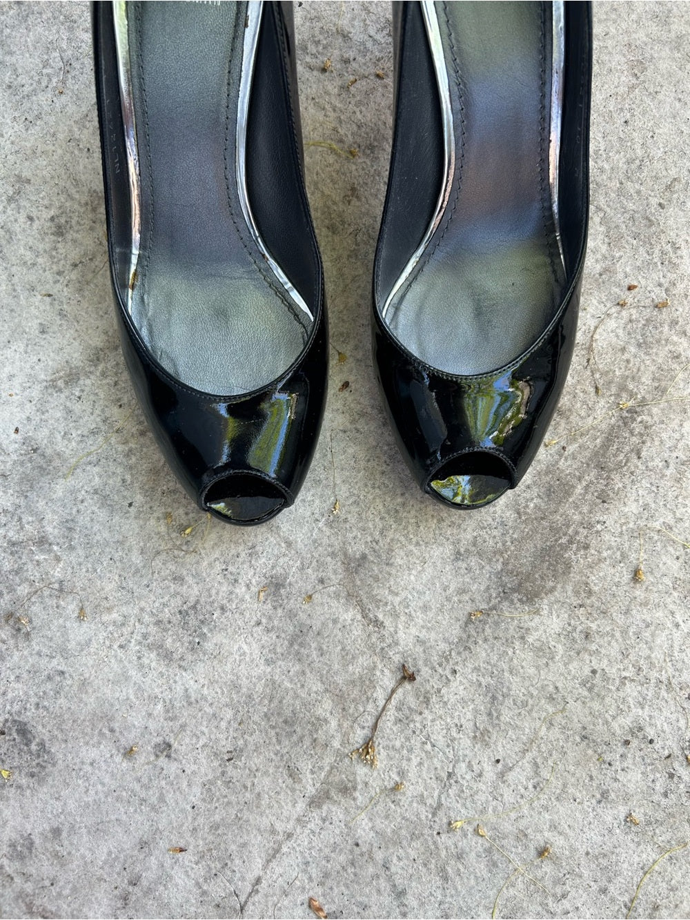 Stuart Weitzman Black Patent LogoPolly peep toe heels, size 10