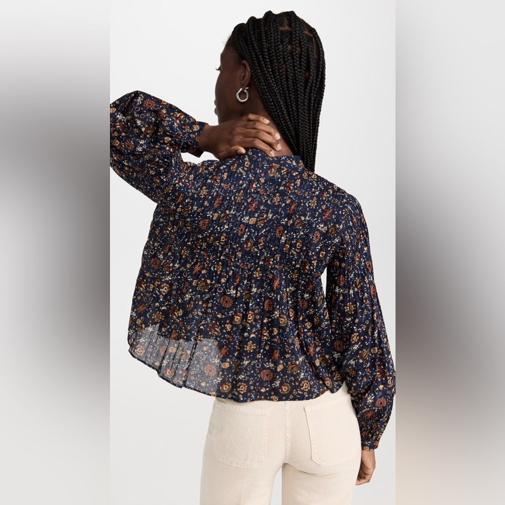 Veronica Beard Navy Floral Smocked Sherwood Blouse, Size 8