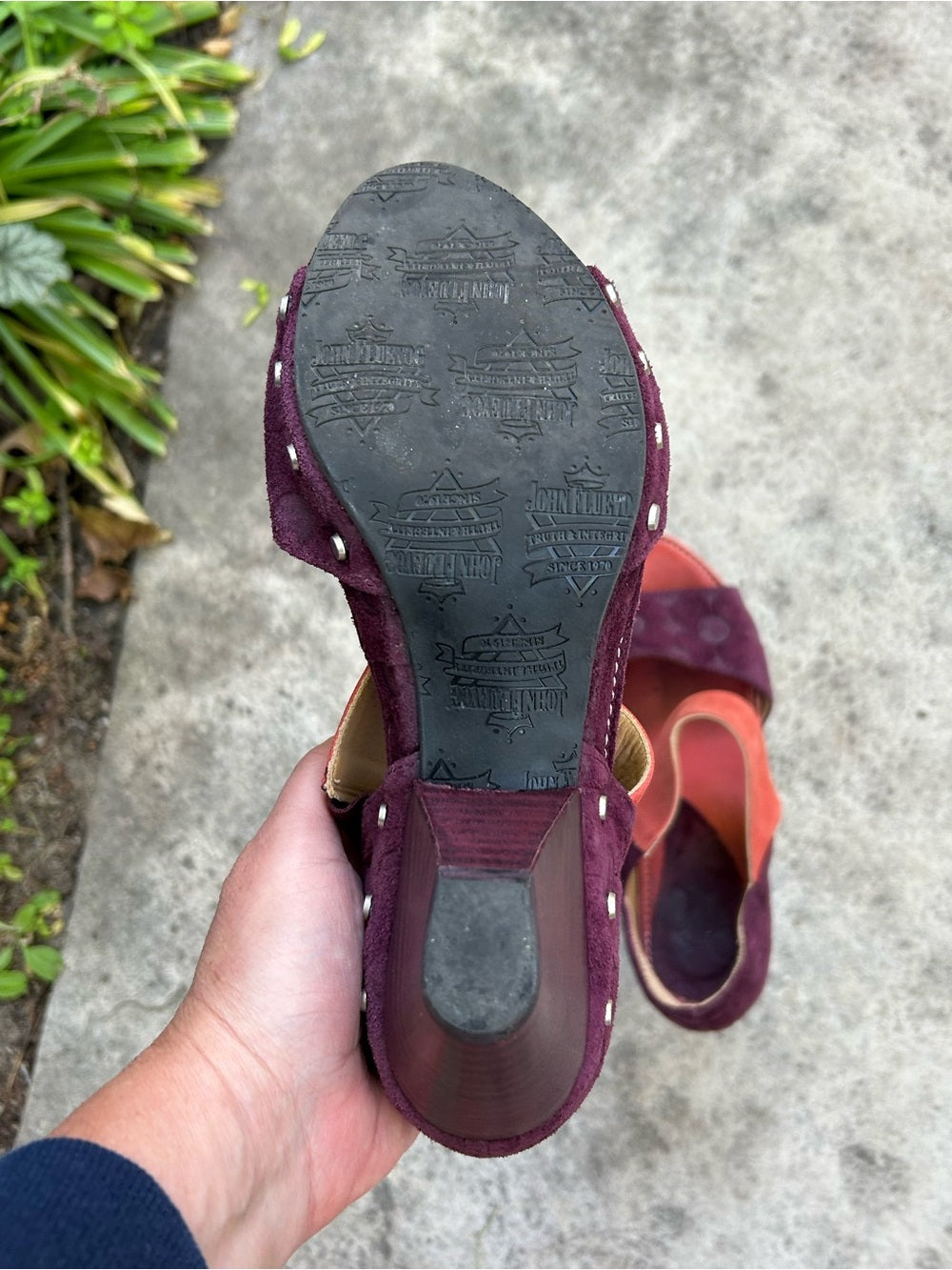 John Fluevog Low Rule Selma Embossed Suede Sandal, size 7.5