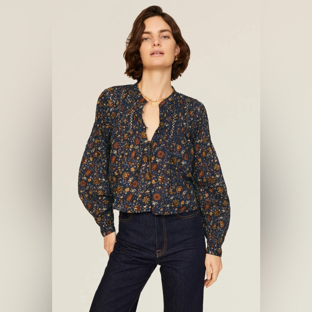 Veronica Beard Navy Floral Smocked Sherwood Blouse, Size 8