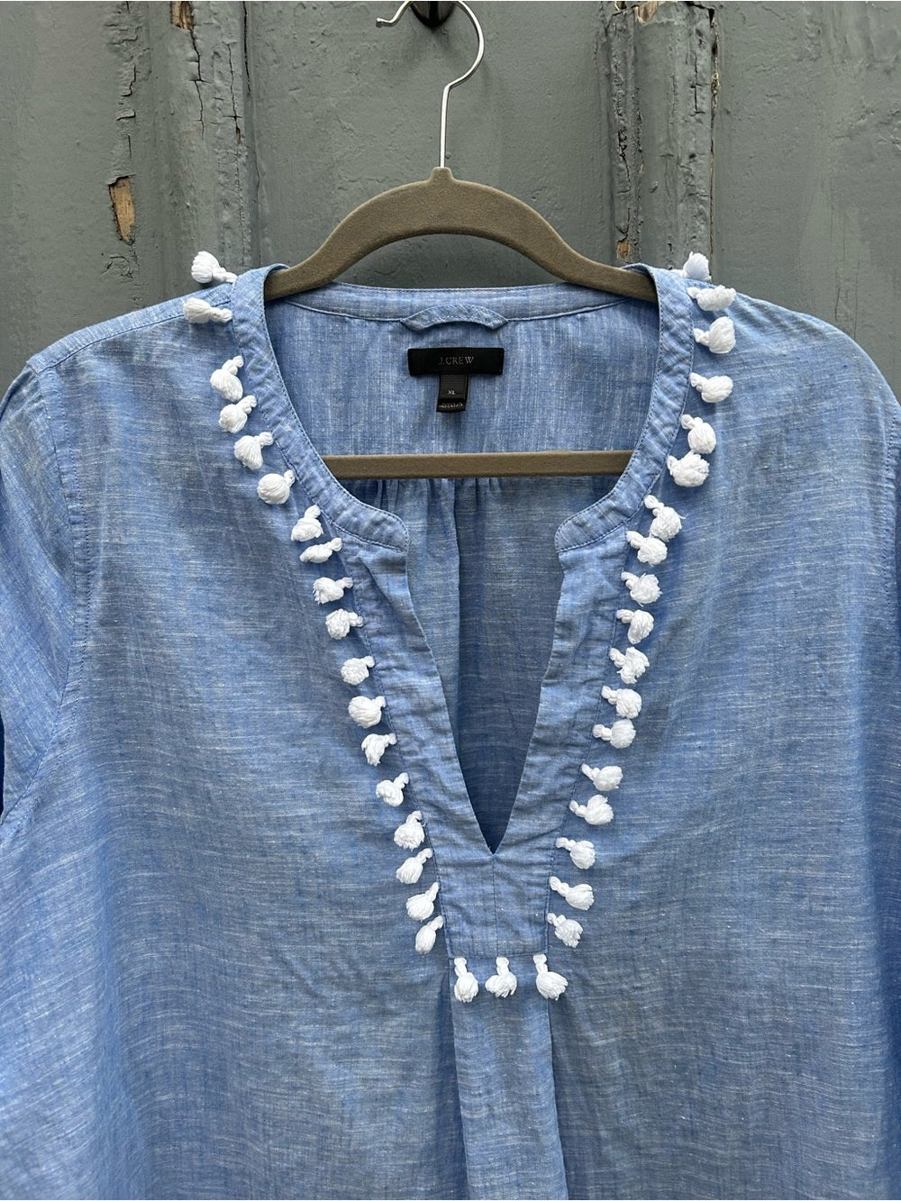 J Crew Blue Pom Pom cotton linen tunic, size XL