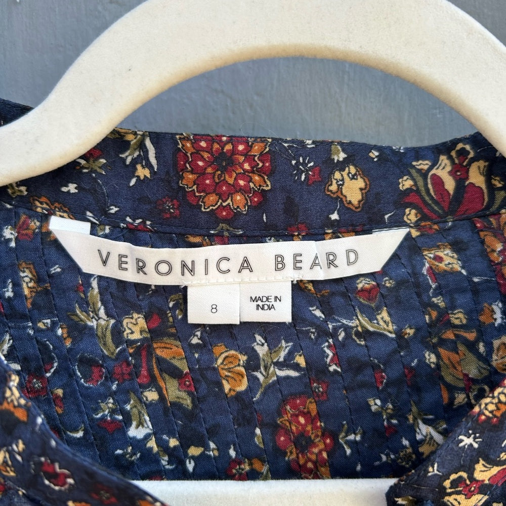 Veronica Beard Navy Floral Smocked Sherwood Blouse, Size 8