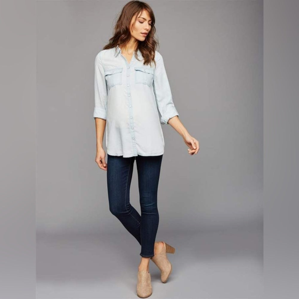 Luxe Essentials Light Chambray Long Sleeve Maternity Button Down, Size XS