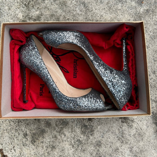 Christian Louboutin Metallic Grey Glitter Very Prive Peep Toe Pumps, Size 38.5