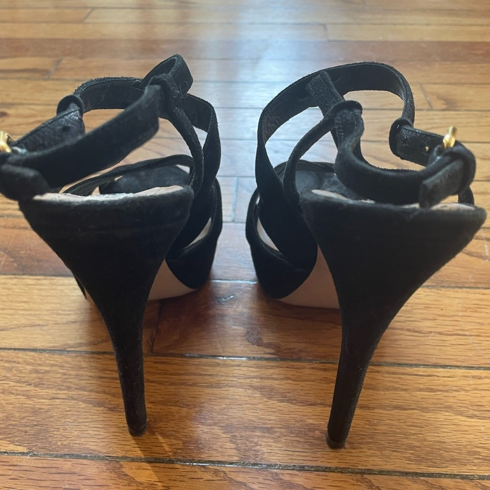 Miu Miu Black Suede Platform Crisscross Sandal Heels, size 36