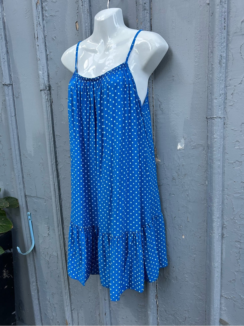 Blue polka dot shift, no brand, size approx M