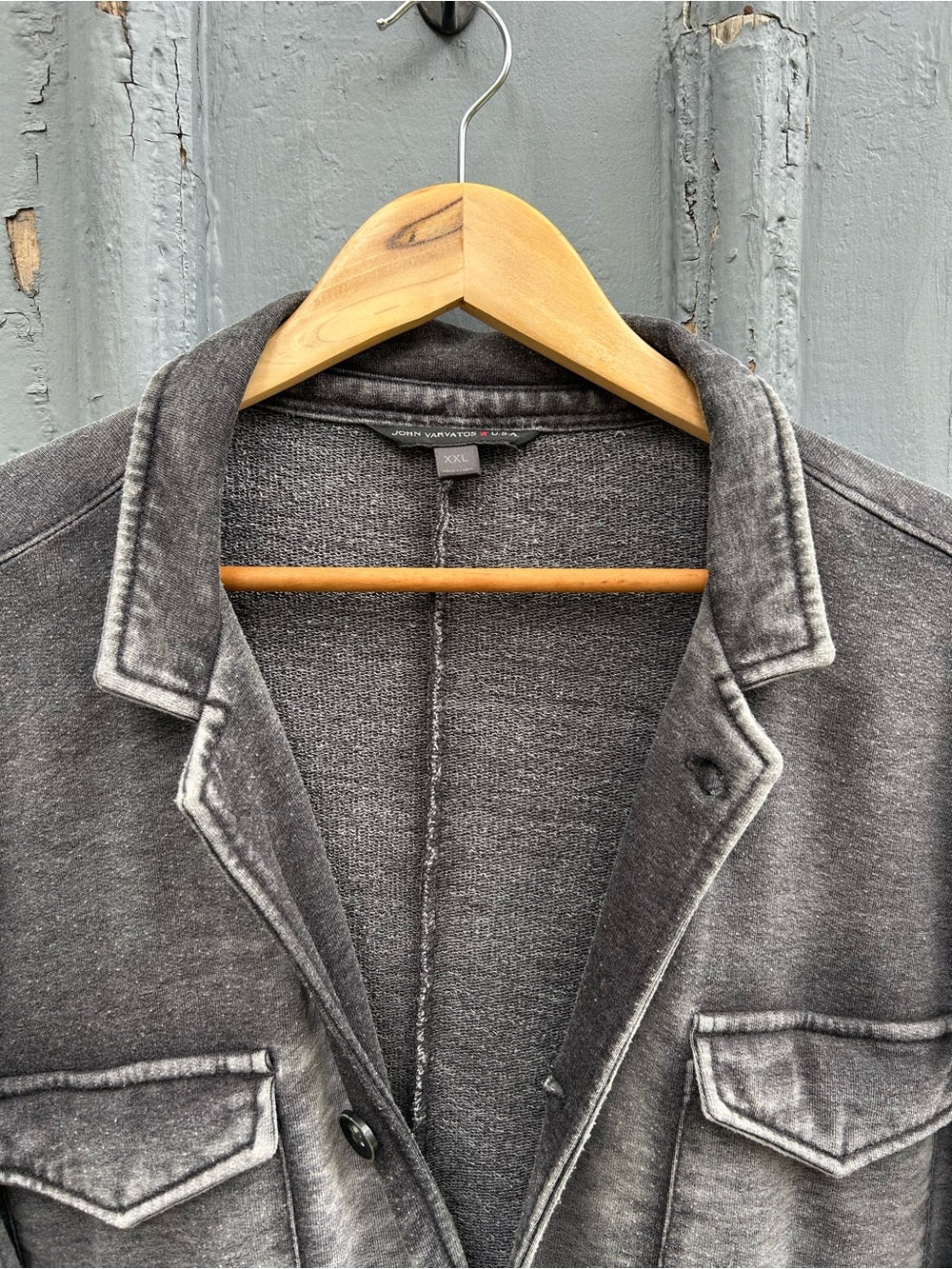 John Varvatos Grey distressed button up jersey jacket, size XXL