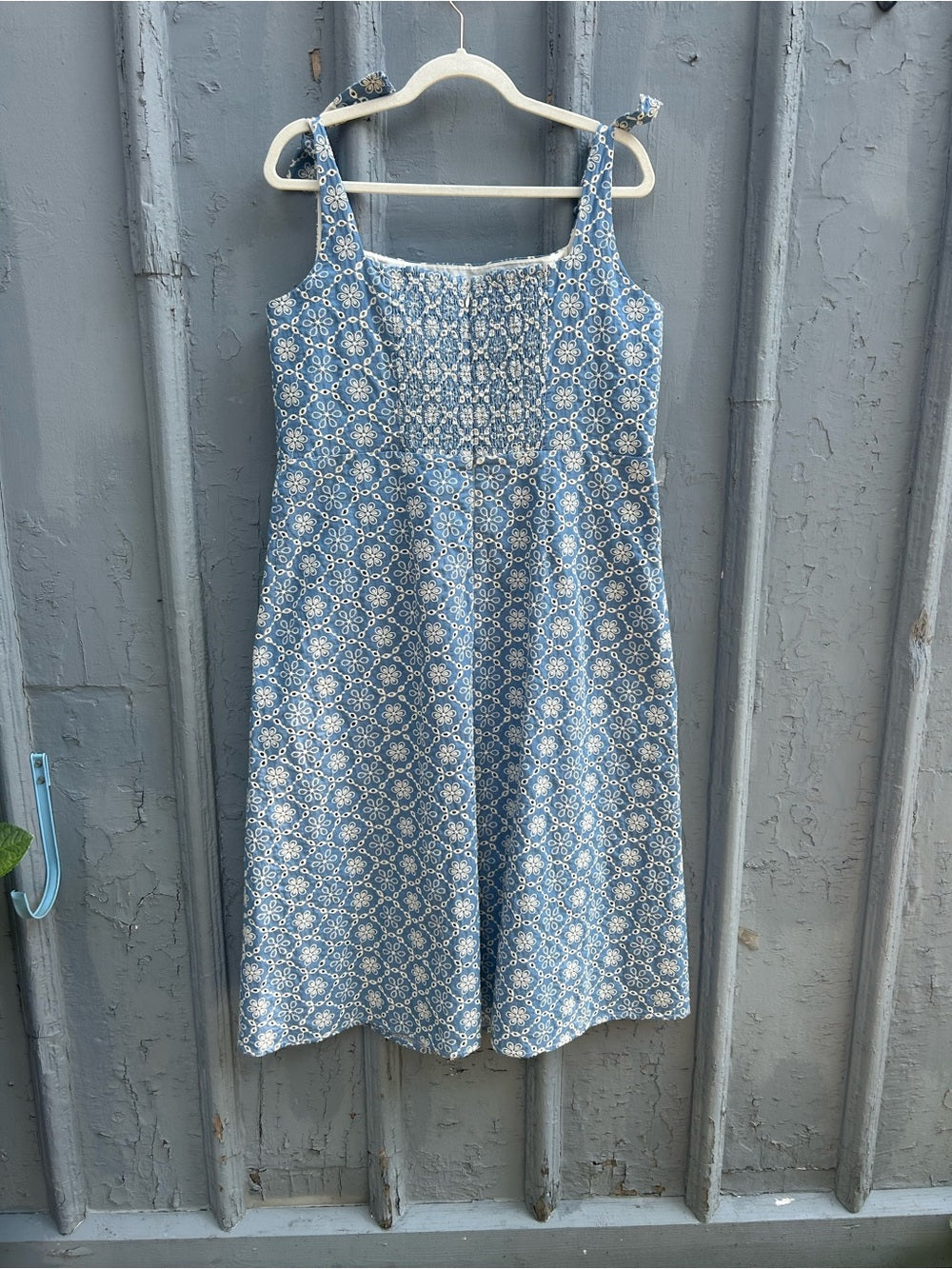 Sezane Dorotha Dress, Chambray Blue with Broderie Anglaise, size 46 (US 14)