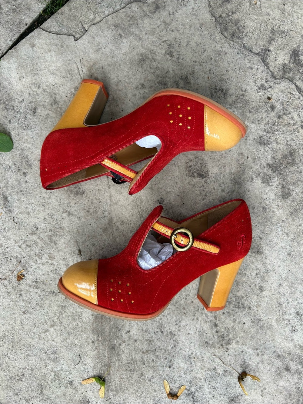 John Fluevog Attic Tova Contrast T-Strap Heel, size 7.5