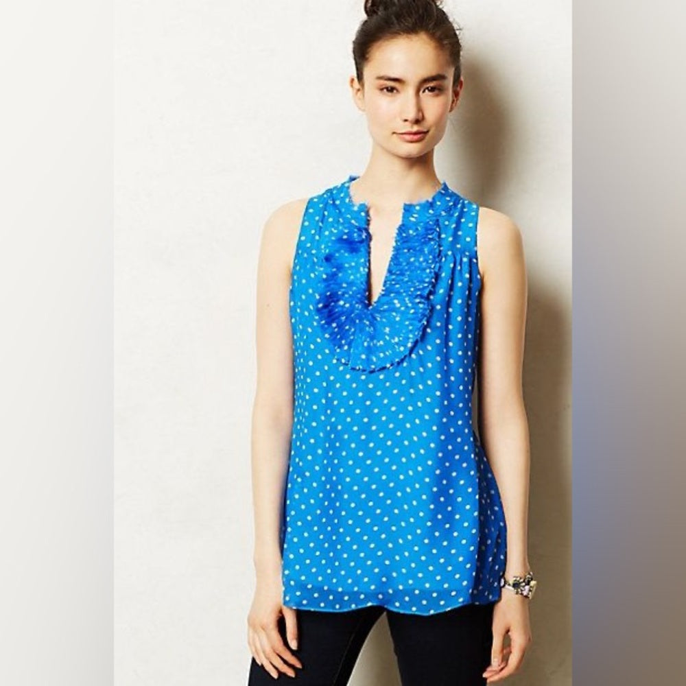 Anthropologie Blue Tassel Aperire Silk Blouse, size Small