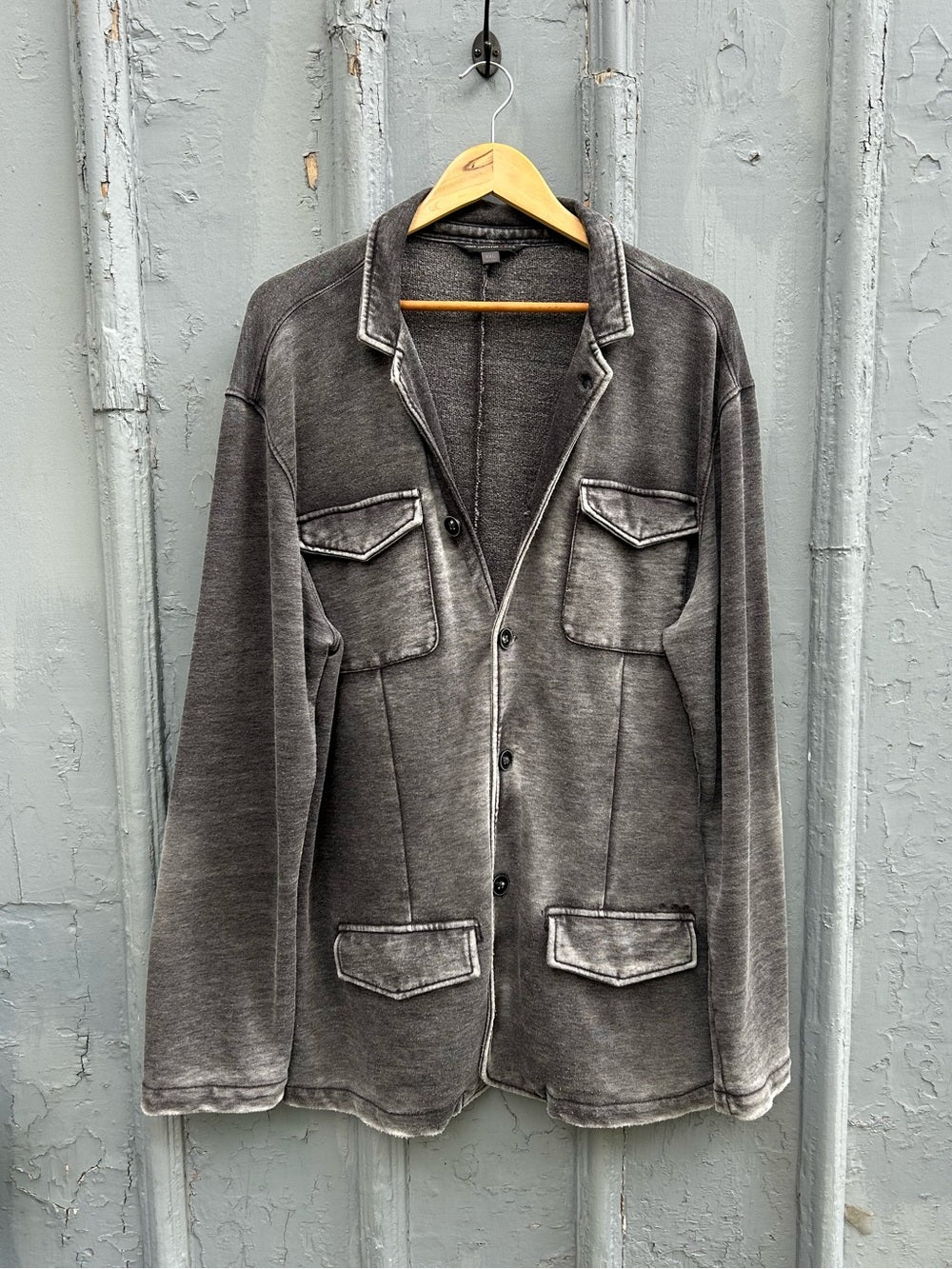 John Varvatos Grey distressed button up jersey jacket, size XXL
