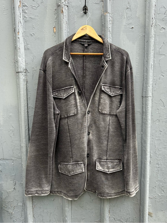 John Varvatos Grey distressed button up jersey jacket, size XXL