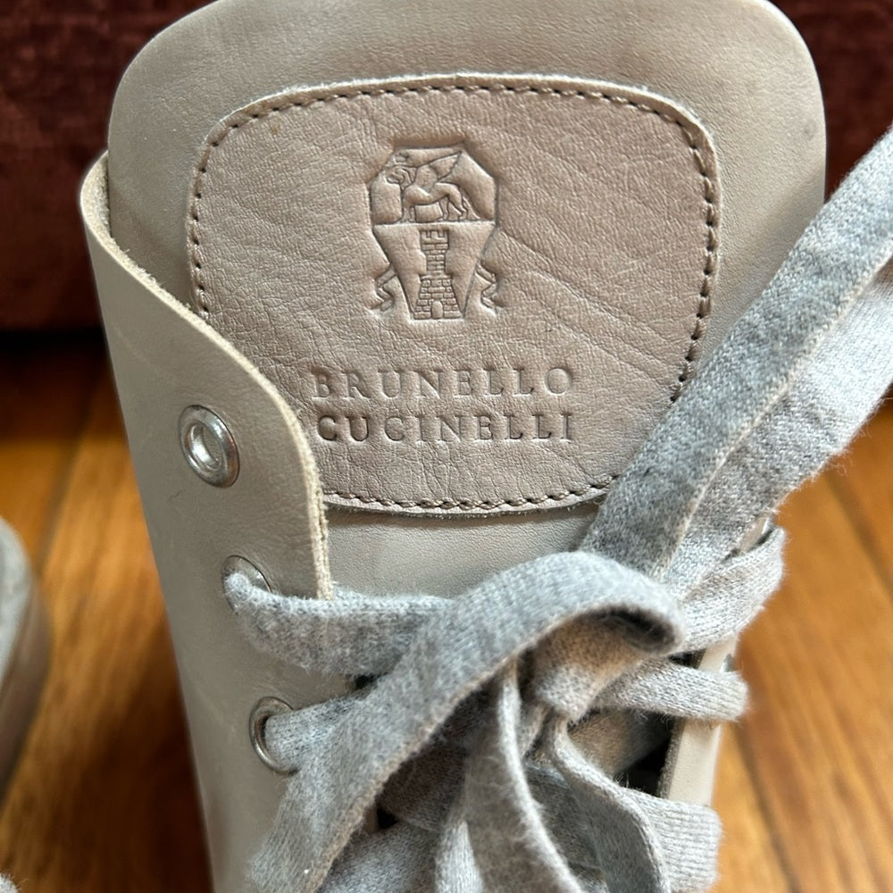 Brunello Cucinelli Grey Leather 7 hole Combat Boots, size 38.5