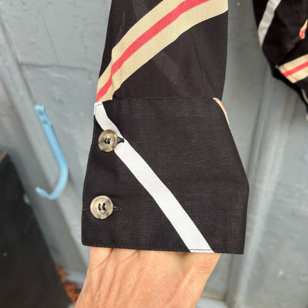 Dotty black striped button up blouse, size M