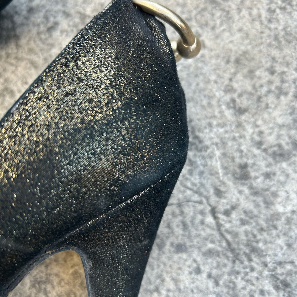 Guillaume Hinfray black and gold peep toe heel, size 37.5