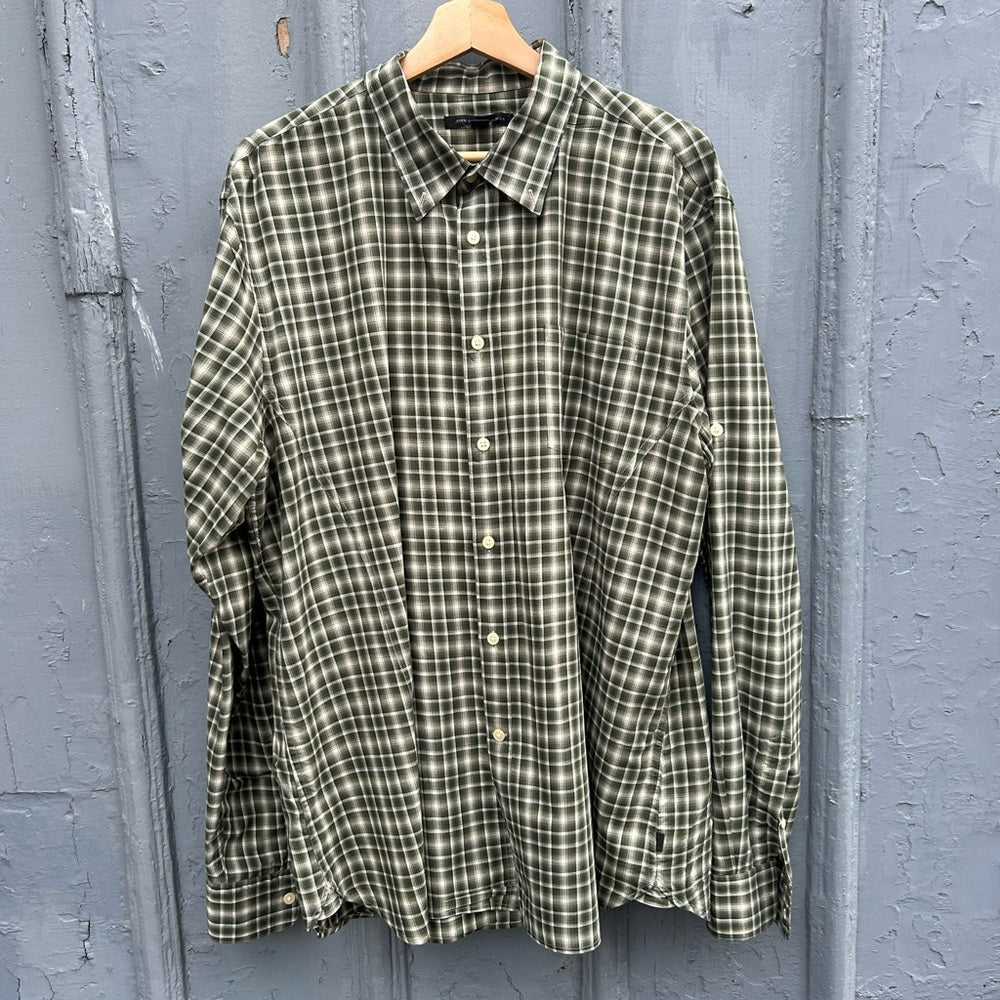 John Varvatos green plaid check button down, size XXL