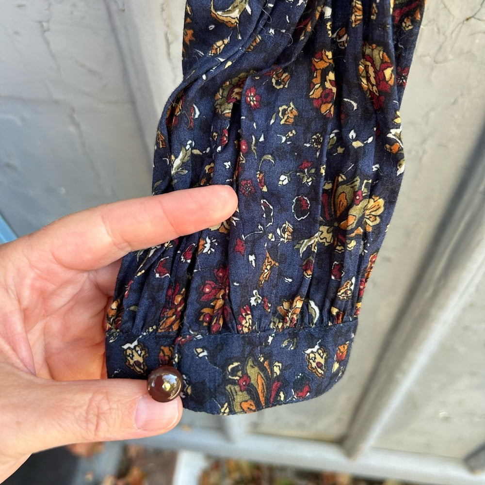 Veronica Beard Navy Floral Smocked Sherwood Blouse, Size 8