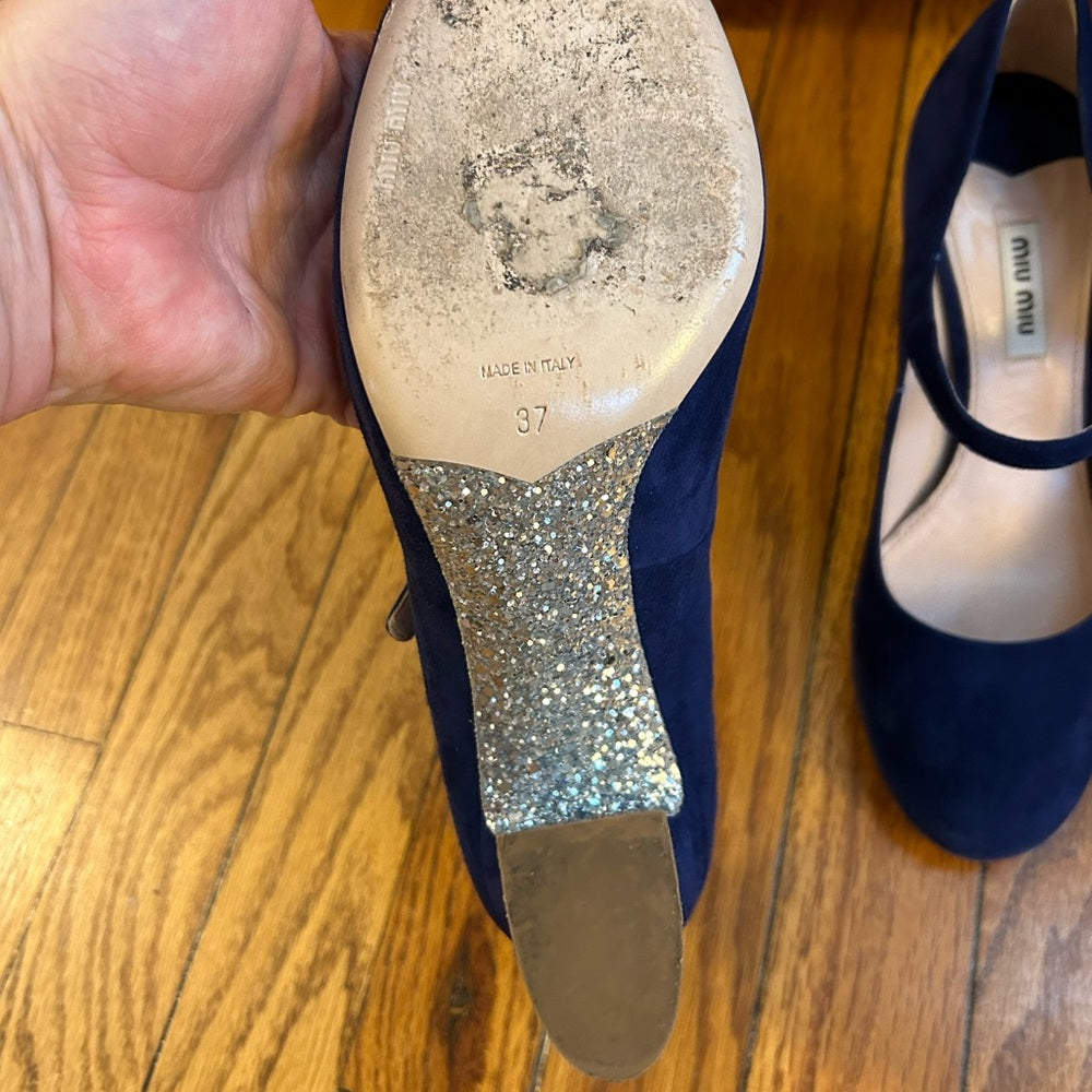 Miu Miu Suede Glitter Mary Jane’s, size 37