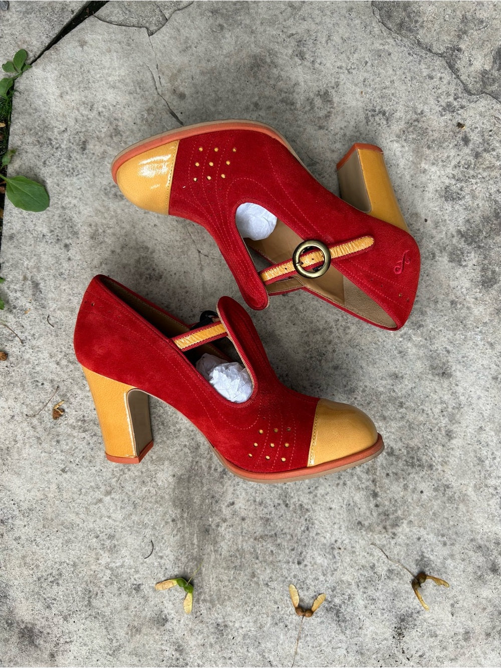 John Fluevog Attic Tova Contrast T-Strap Heel, size 7.5