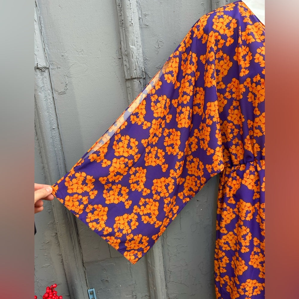 Borgo De Nora Elsa Tie Front Orange and Purple Floral Maxi Dress, size UK 10 (6)