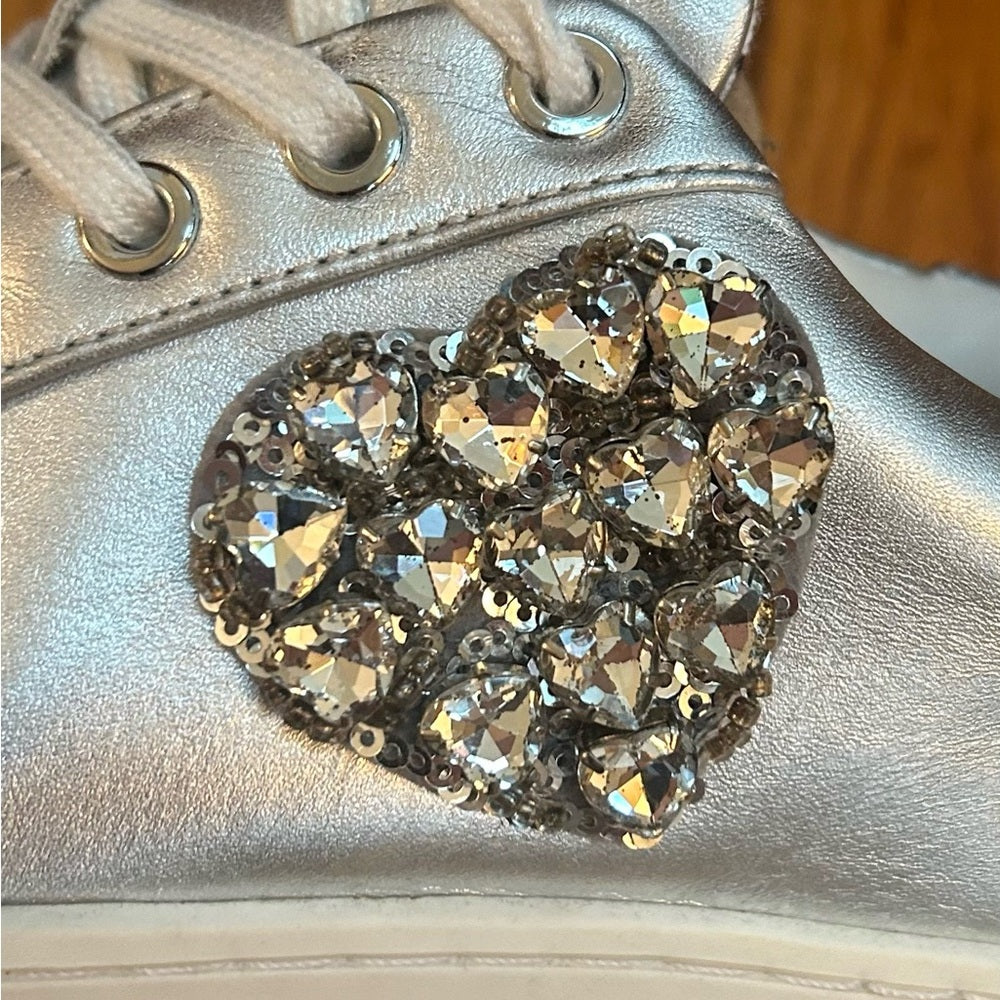 LOVE MOSCHINO Heart Encrusted Silver Leather Sneakers, size 38 (US 7.5)