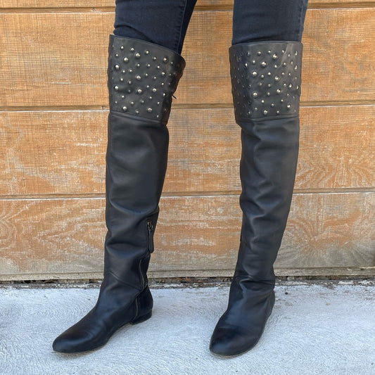 Valentino Garavani Black Nailhead Over the Knee Leather Riding Boots, size 38.5