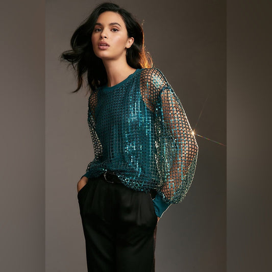 Pilcro Long-Sleeve Sequin Top, Medium