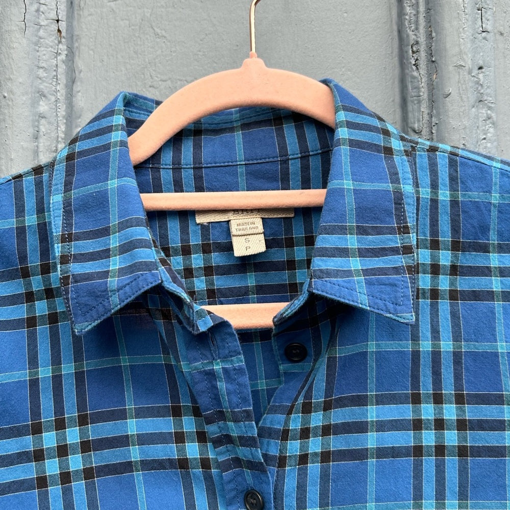 Burberry Blue Plaid Check Button Down Shirt, size Small