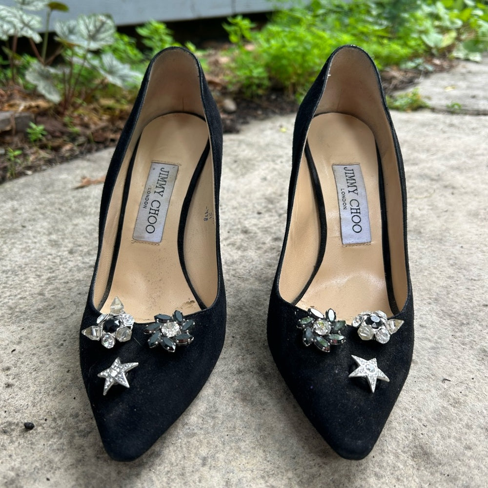 Jimmy Choo Jasmine Black Suede pump with crystals, size 37