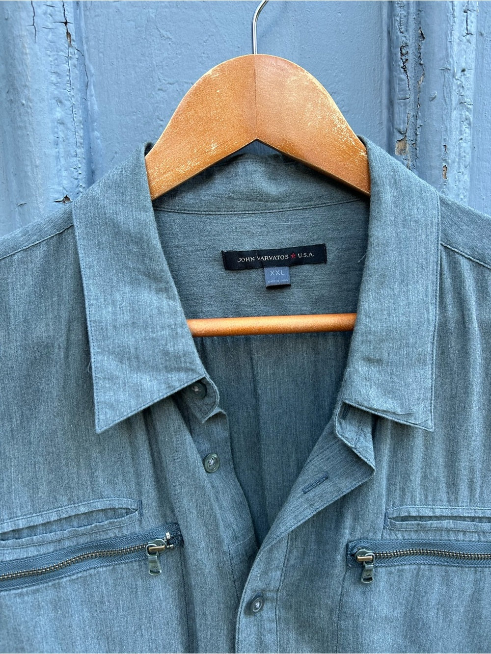 John Varvatos Blue Double Zip Chest Pocket Button-Down Shirt, size XXL