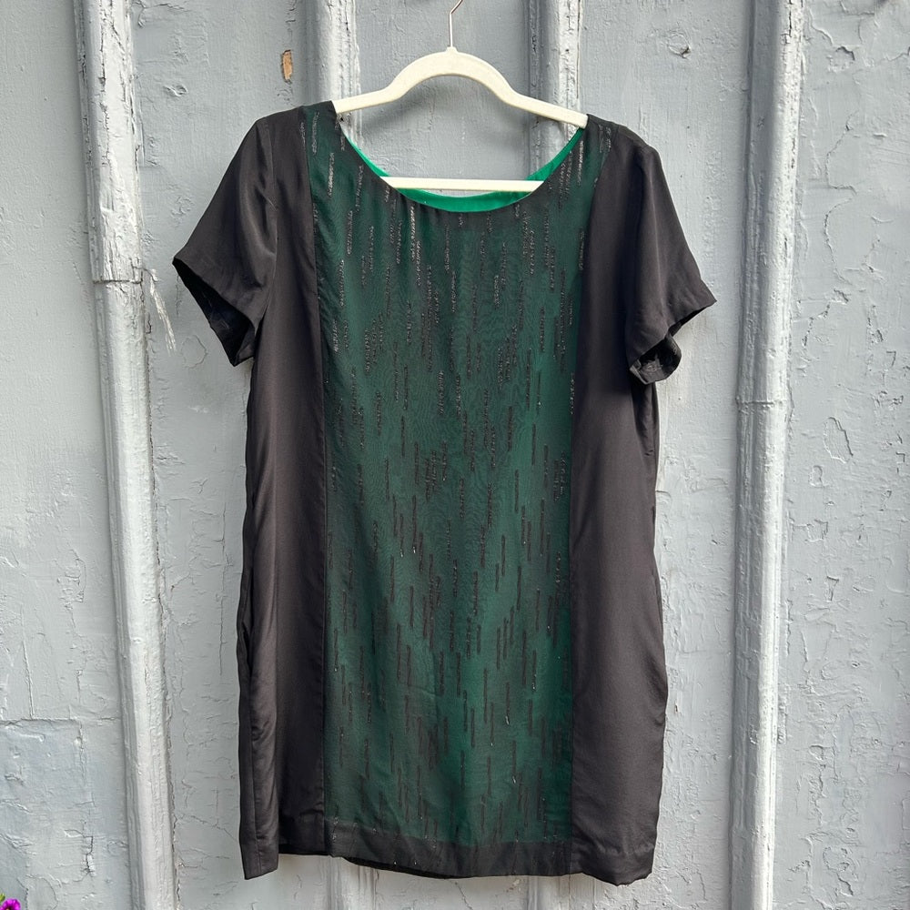 rag & bone Green & Black Silk Metallic Shift Dress, size 10