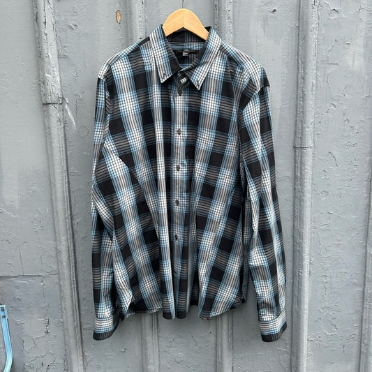 John Varvatos blue plaid check button down, size XXL