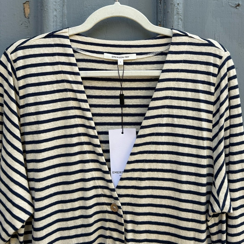 Emerson Fry long V Neck Navy Striped maxi dress, BNWT, Large