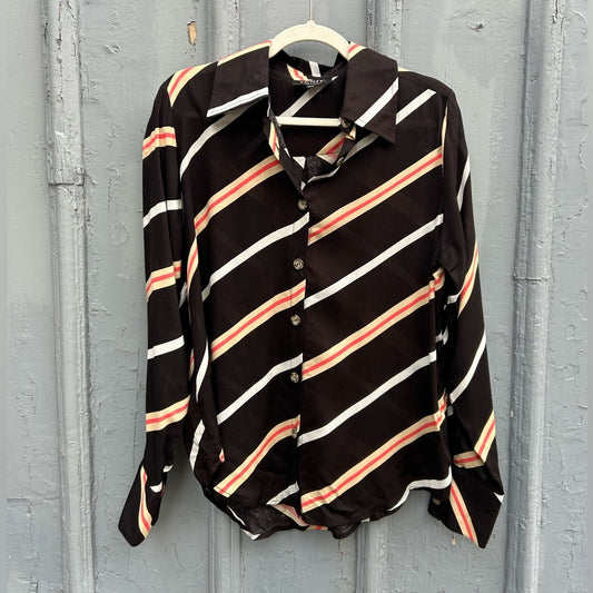 Dotty black striped button up blouse, size M