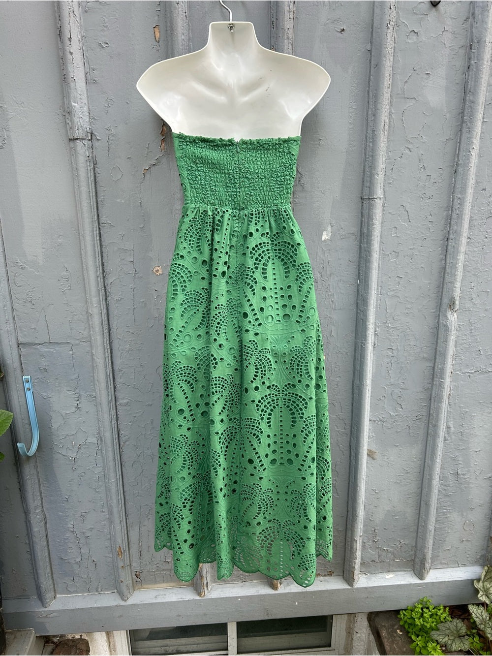Farm Rio Green Coconut Tree Richilieu Cutwork Strapless Midi Dress, Medium