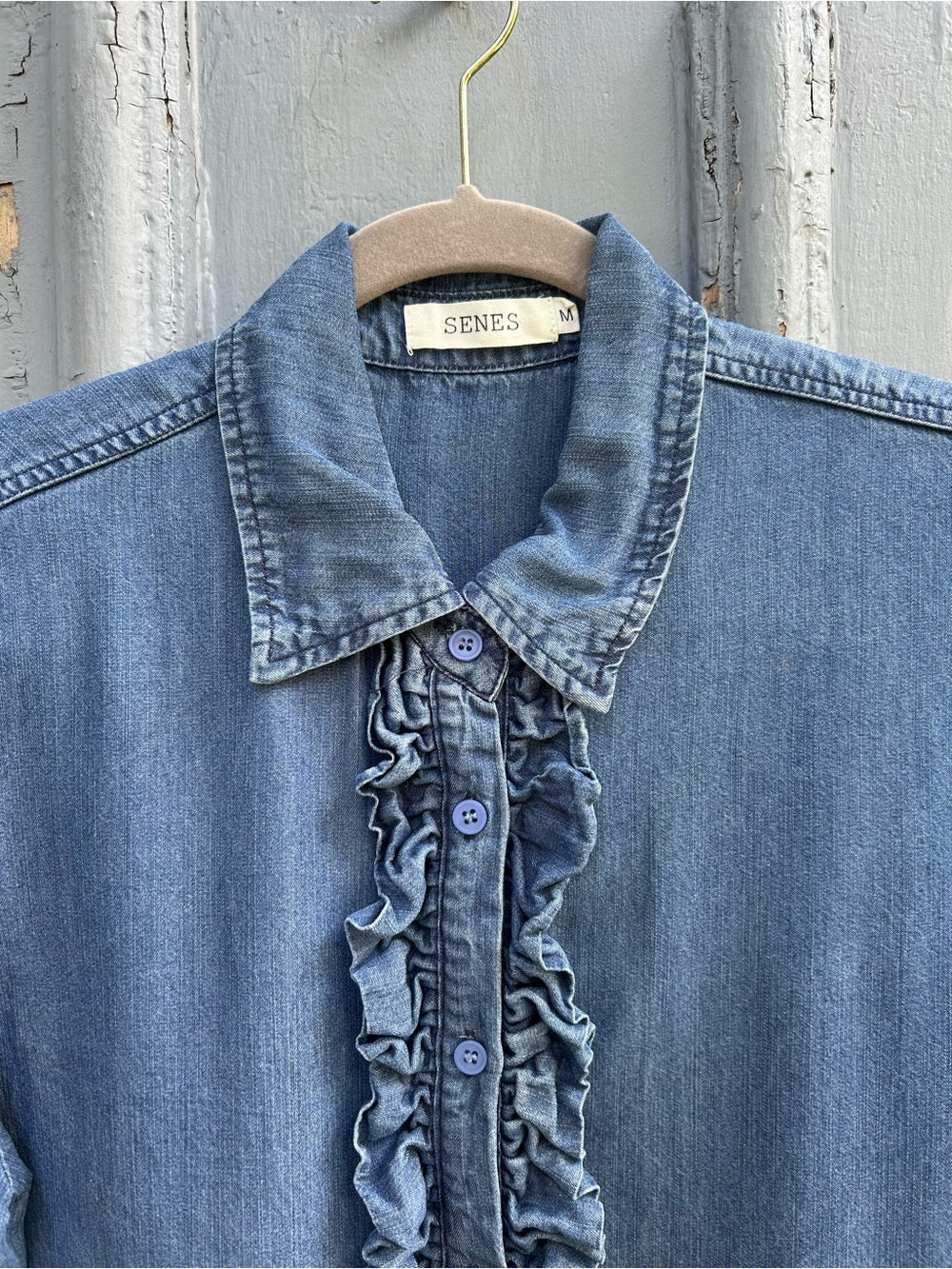 Senes Chambray Ruffle front Shirt, size M