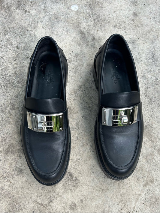 Hermes Black Hot Loafer with Palladium Kelly Buckle, size 6